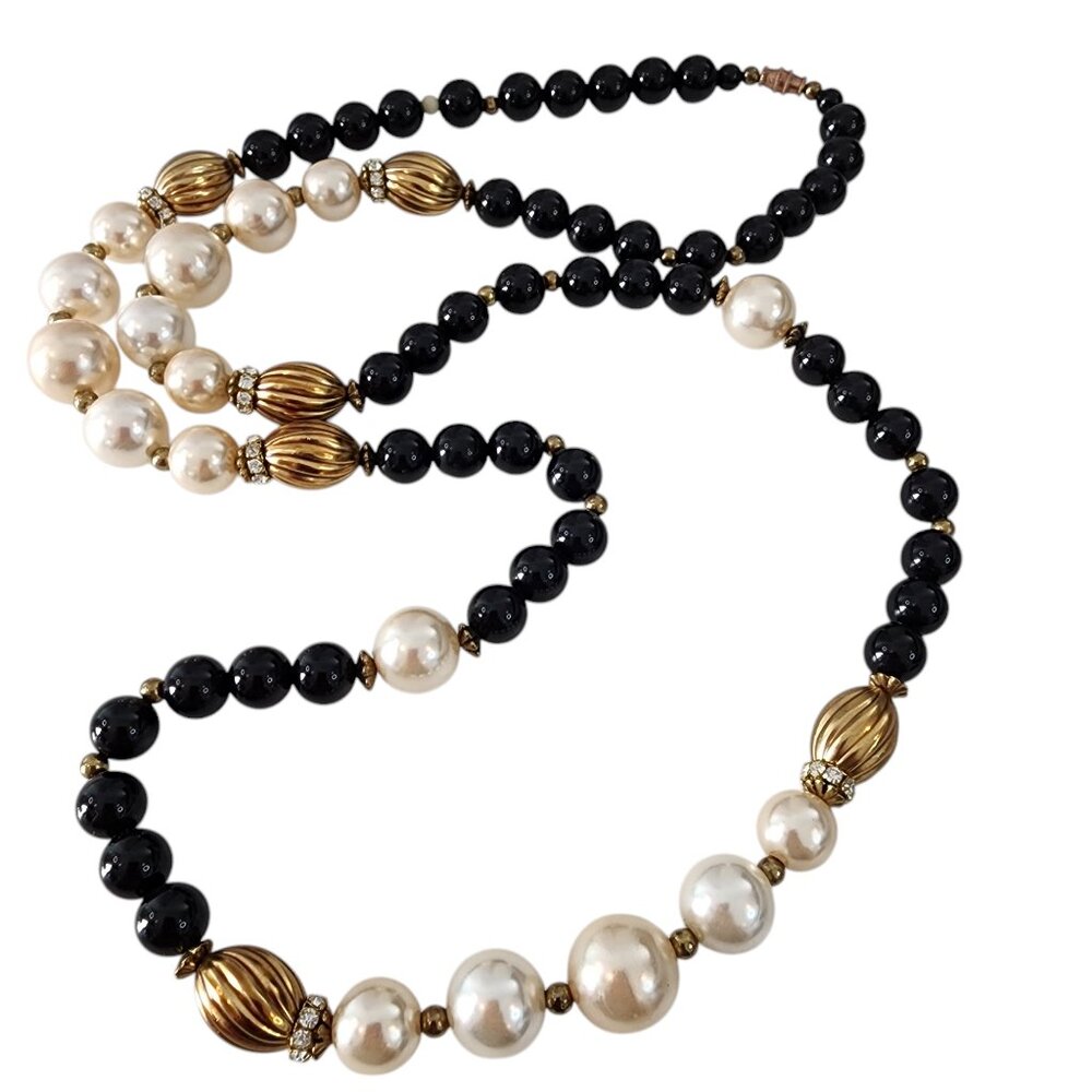 Vintage long necklace large faux pearls gold beads with rhinestones chunky